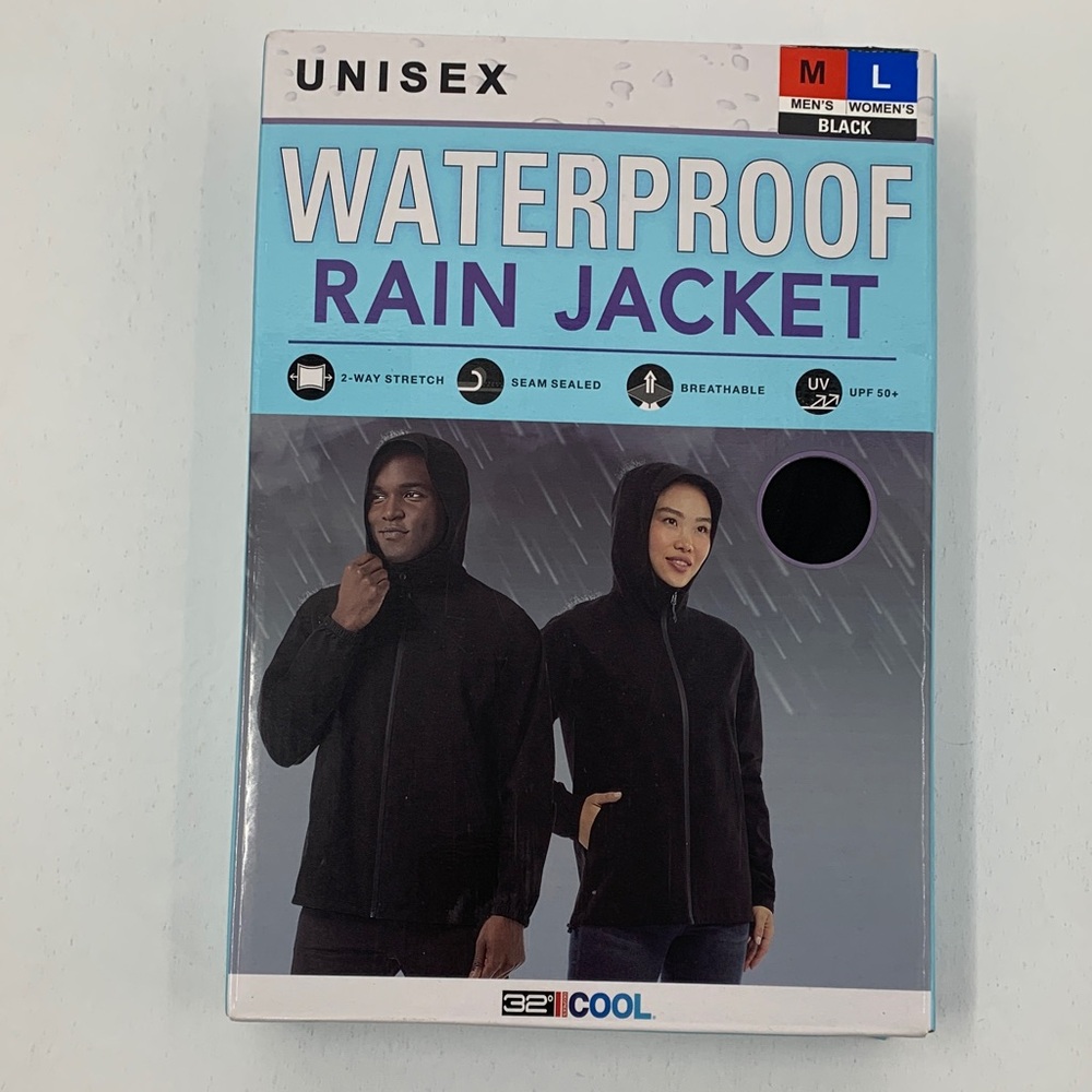 32 Degrees Unisex Black Waterproof Stretch Rain Jacket – Men’s M/ Women’s L